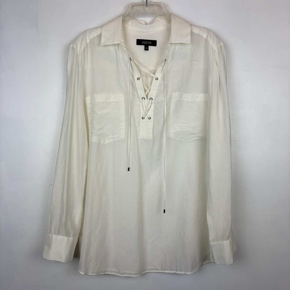 Poet Shirt Women 10 White Lace Up Sheer Cottage Farm Button Coastal Beach